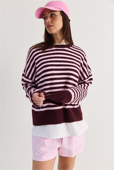 Kadın Şardonlu Çizgili Bisiklet Yaka Oversize Triko Kazak 2870 60286612 - Mürdüm