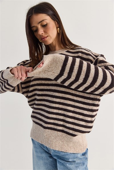 Kadın Şardonlu Çizgili Bisiklet Yaka Oversize Triko Kazak 2870 60286612 - Bej