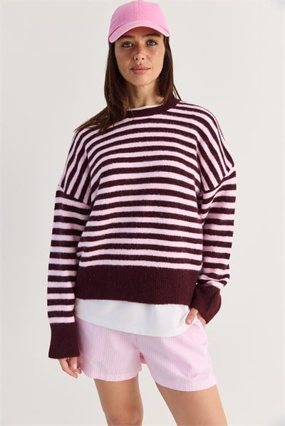 Kadın Şardonlu Çizgili Bisiklet Yaka Oversize Triko Kazak 2870 60286612 - Mürdüm