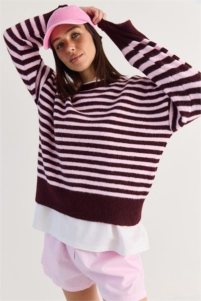 Kadın Şardonlu Çizgili Bisiklet Yaka Oversize Triko Kazak 2870 60286612 - Mürdüm