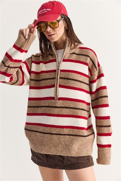 Kadın Şardonlu Çizgili Dik Yaka Yarım Fermuarlı Oversize Triko Kazak 5475 60286708 - Camel-Krem
