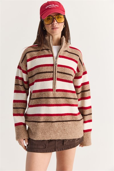 Kadın Şardonlu Çizgili Dik Yaka Yarım Fermuarlı Oversize Triko Kazak 5475 60286708 - Camel-Krem