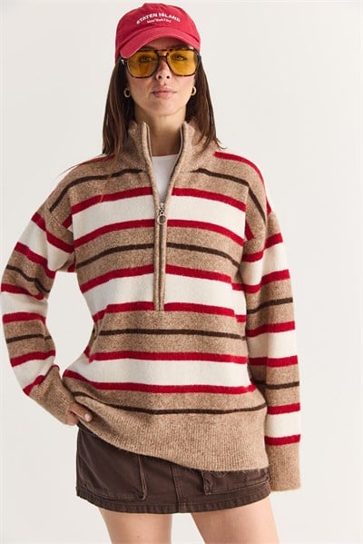 Kadın Şardonlu Çizgili Dik Yaka Yarım Fermuarlı Oversize Triko Kazak 5475 60286708 - Camel-Krem
