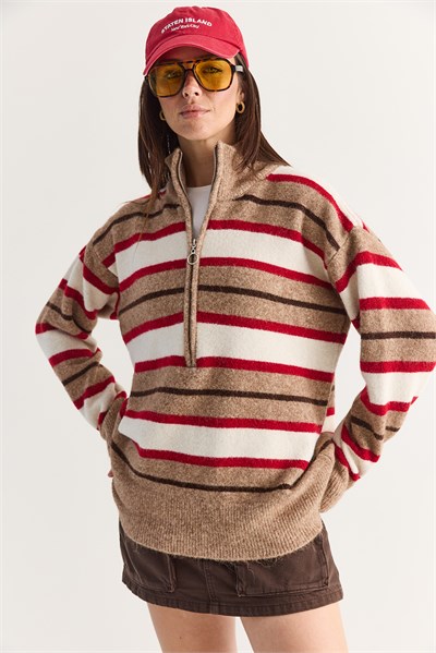Kadın Şardonlu Çizgili Dik Yaka Yarım Fermuarlı Oversize Triko Kazak 5475 60286708 - Camel-Krem