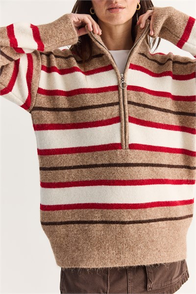 Kadın Şardonlu Çizgili Dik Yaka Yarım Fermuarlı Oversize Triko Kazak 5475 60286708 - Camel-Krem
