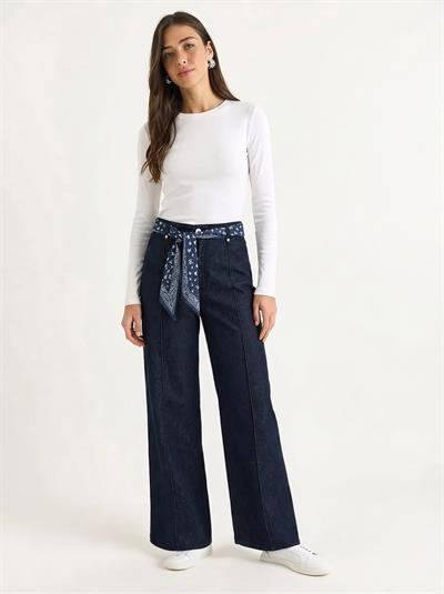Kadın Saten Kemer Detaylı Wide Leg Denim Pantolon 7510 60283941 - Lacivert