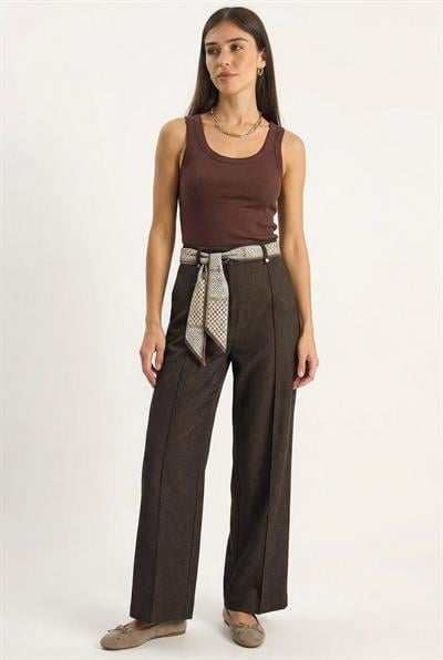 Kadın Saten Kemer Detaylı Wide Leg Denim Pantolon 7510 60283941 - Kahverengi