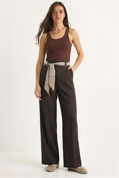 Kadın Saten Kemer Detaylı Wide Leg Denim Pantolon 7510 60283941 - Kahverengi