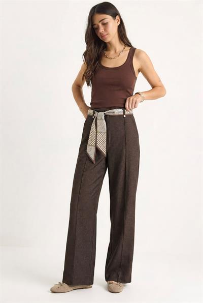 Kadın Saten Kemer Detaylı Wide Leg Denim Pantolon 7510 60283941 - Kahverengi