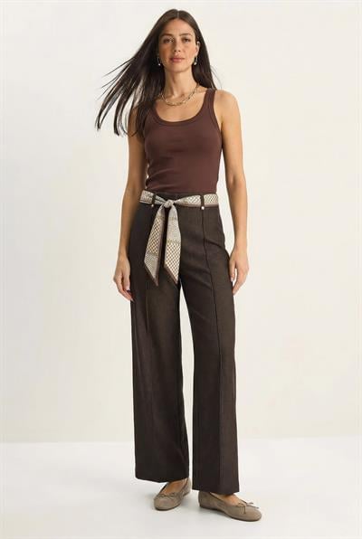 Kadın Saten Kemer Detaylı Wide Leg Denim Pantolon 7510 60283941 - Kahverengi