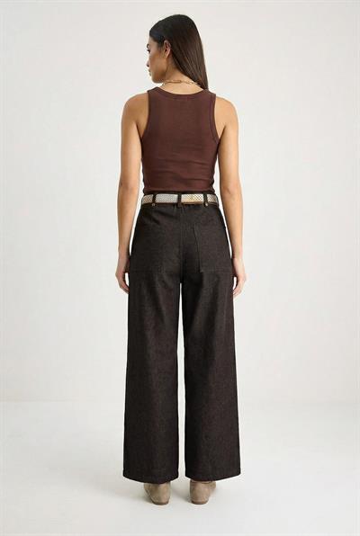 Kadın Saten Kemer Detaylı Wide Leg Denim Pantolon 7510 60283941 - Kahverengi
