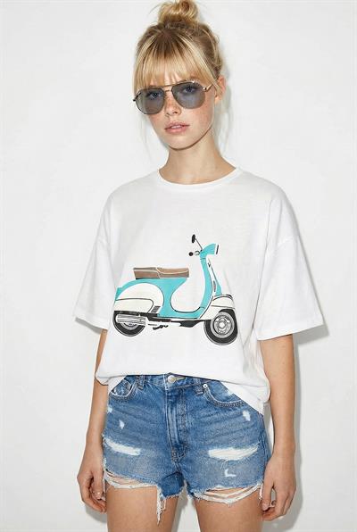 Kadın Scooter Baskılı Kısa Kollu Bisiklet Yaka Regular T-Shirt 3098 60283072 - Beyaz
