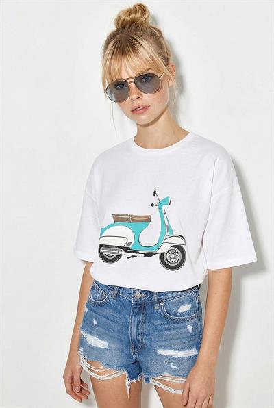Kadın Scooter Baskılı Kısa Kollu Bisiklet Yaka Regular T-Shirt 3098 60283072 - Beyaz