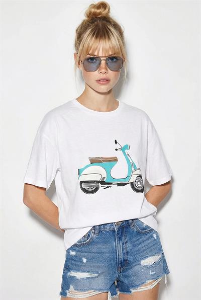 Kadın Scooter Baskılı Kısa Kollu Bisiklet Yaka Regular T-Shirt 3098 60283072 - Beyaz