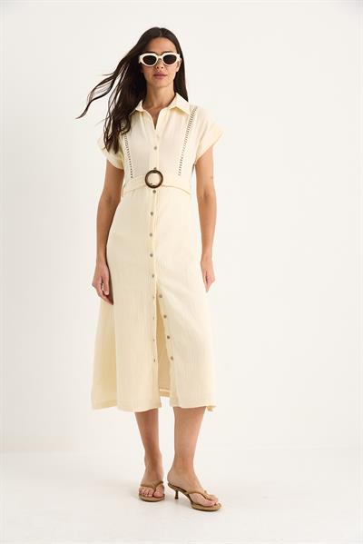 Kadın Şerit Dantel Detaylı Düğme Kapamalı Kemerli Astarlı Müslin Elbise 7008 60283382 - Tereyağ