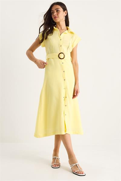 Kadın Şerit Dantel Detaylı Düğme Kapamalı Kemerli Astarlı Müslin Elbise 7008 60283382 - Sarı