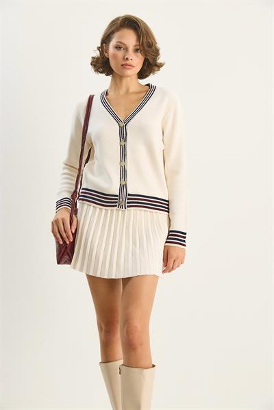 Kadın Şerit Detaylı Gold Düğmeli V Yaka Triko Hırka Pileli Mini Etek Takım TT251011 60283648 - Krem