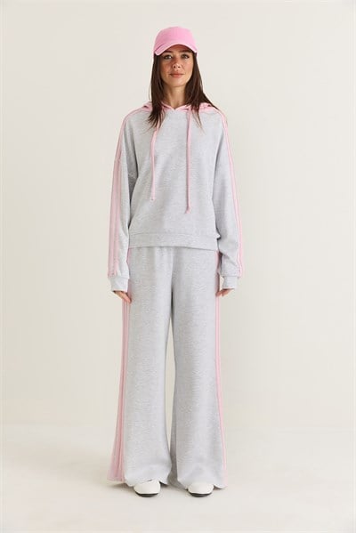 Kadın Şerit Detaylı Kapüşonlu Oversize Sweatshirt Bol Eşofman Altı Takım 4203 60286660 - Gri-Pembe