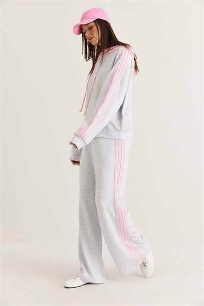 Kadın Şerit Detaylı Kapüşonlu Oversize Sweatshirt Bol Eşofman Altı Takım 4203 60286660 - Gri-Pembe