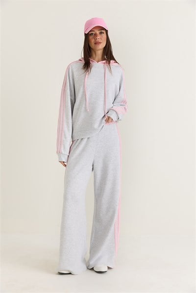 Kadın Şerit Detaylı Kapüşonlu Oversize Sweatshirt Bol Eşofman Altı Takım 4203 60286660 - Gri-Pembe