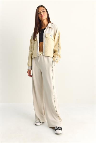 Kadın Şerit Detaylı Kontrast Dokulu Ceket Wide Leg Pantolon Takım 8075 60286154 - Bej