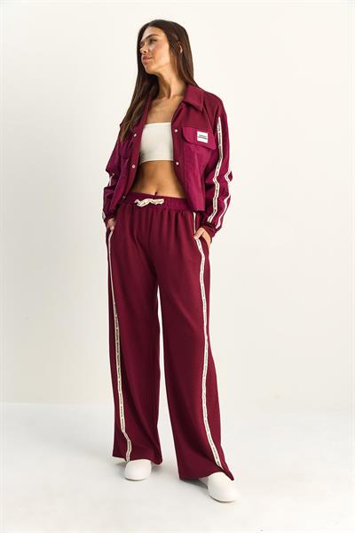 Kadın Şerit Detaylı Kontrast Dokulu Ceket Wide Leg Pantolon Takım 8075 60286154 - Vişne