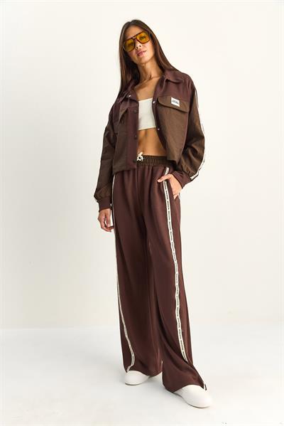 Kadın Şerit Detaylı Kontrast Dokulu Ceket Wide Leg Pantolon Takım 8075 60286154 - Acı Kahve