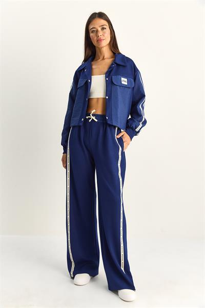Kadın Şerit Detaylı Kontrast Dokulu Ceket Wide Leg Pantolon Takım 8075 60286154 - Lacivert