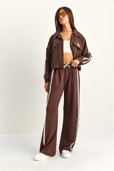 Kadın Şerit Detaylı Kontrast Dokulu Ceket Wide Leg Pantolon Takım 8075 60286154 - Acı Kahve