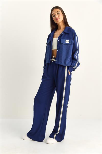 Kadın Şerit Detaylı Kontrast Dokulu Ceket Wide Leg Pantolon Takım 8075 60286154 - Lacivert