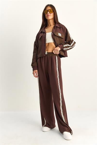 Kadın Şerit Detaylı Kontrast Dokulu Ceket Wide Leg Pantolon Takım 8075 60286154 - Acı Kahve