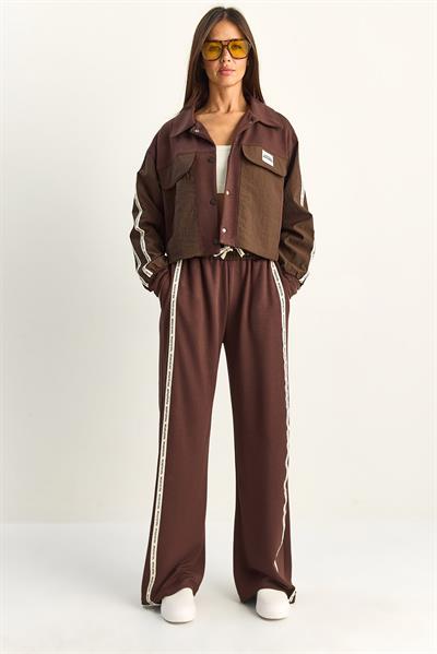 Kadın Şerit Detaylı Kontrast Dokulu Ceket Wide Leg Pantolon Takım 8075 60286154 - Acı Kahve