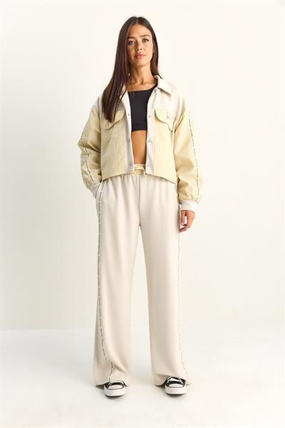 Kadın Şerit Detaylı Kontrast Dokulu Ceket Wide Leg Pantolon Takım 8075 60286154 - Bej