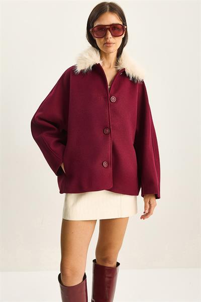 Kadın Seyyar Kürk Yaka Cep Detaylı Astarlı Kaşe Kaban 9032 60283797 - Mürdüm