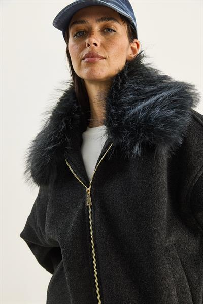 Kadın Seyyar Kürk Yakalı Fermuarlı Kaşe Bomber Ceket 38185 60283786 - Antrasit