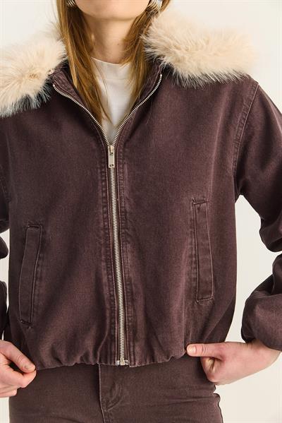 Kadın Seyyar Suni Kürk Yaka Astarlı Cep Detaylı Denim Bomber Ceket Pantolon Takım 6058 60283898 - Kahve