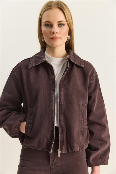 Kadın Seyyar Suni Kürk Yaka Astarlı Cep Detaylı Denim Bomber Ceket Pantolon Takım 6058 60283898 - Kahve