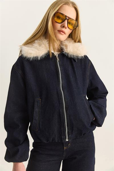 Kadın Seyyar Suni Kürk Yaka Astarlı Cep Detaylı Denim Bomber Ceket Pantolon Takım 6058 60283898 - Lacivert