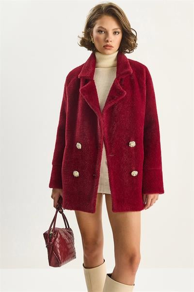 Kadın Şık Düğme Detaylı Cepli Astarlı Oversize Peluş Mont 0306 60283614 - Bordo