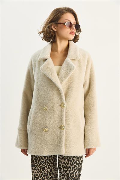 Kadın Şık Düğme Detaylı Cepli Astarlı Oversize Peluş Mont 0306 60283614 - Bej