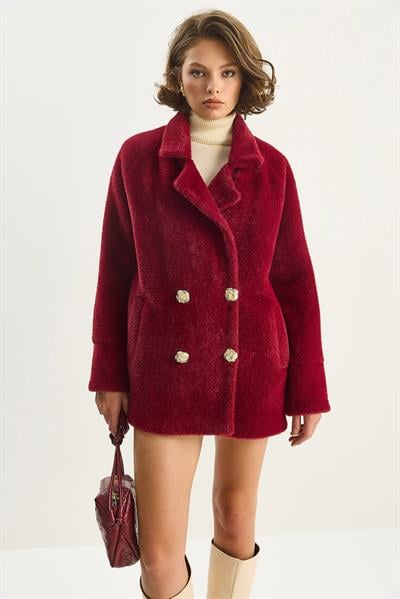 Kadın Şık Düğme Detaylı Cepli Astarlı Oversize Peluş Mont 0306 60283614 - Bordo
