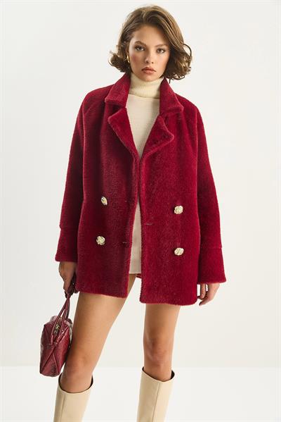 Kadın Şık Düğme Detaylı Cepli Astarlı Oversize Peluş Mont 0306 60283614 - Bordo