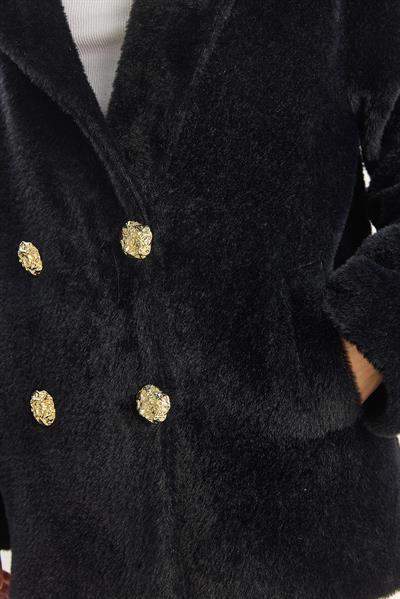Kadın Şık Düğme Detaylı Cepli Astarlı Oversize Peluş Mont 0306 60283614 - Siyah