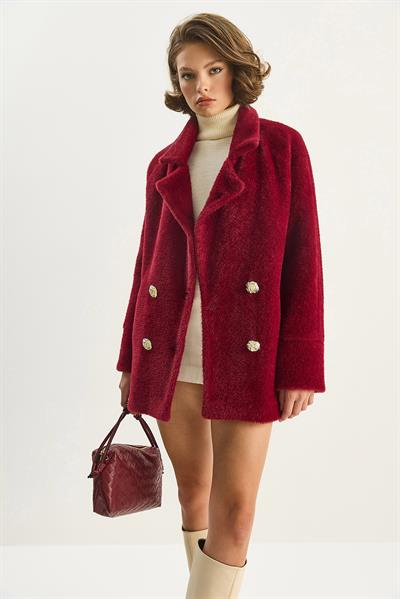Kadın Şık Düğme Detaylı Cepli Astarlı Oversize Peluş Mont 0306 60283614 - Bordo