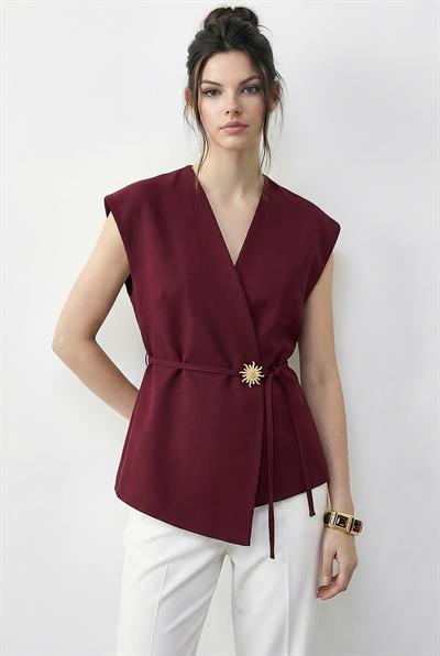 Kadın Şık Düğmeli Kuşaklı Dokuma Yelek 11145 60283987 - Bordo