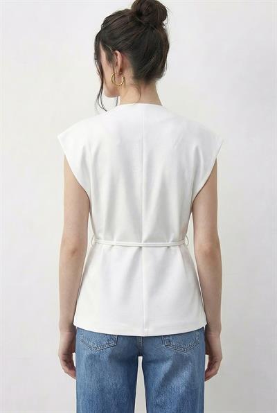 Kadın Şık Düğmeli Kuşaklı Dokuma Yelek 11145 60283987 - Beyaz