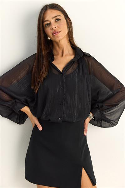 Kadın Sim Detaylı Yarasa Kol Şifon Gömlek 7622 60286145 - Siyah