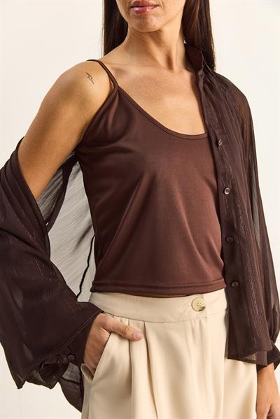 Kadın Sim Detaylı Yarasa Kol Şifon Gömlek 7622 60286145 - Acı Kahve
