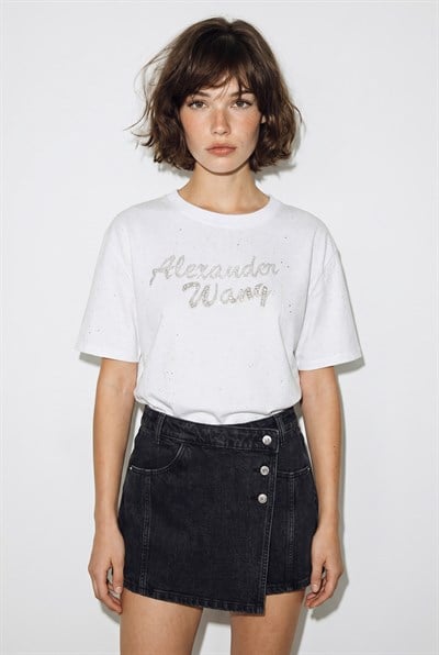 Kadın Simli Taş Yazı Baskılı Bisiklet Yaka Oversize Basic T-Shirt 2244 60286376 - Beyaz