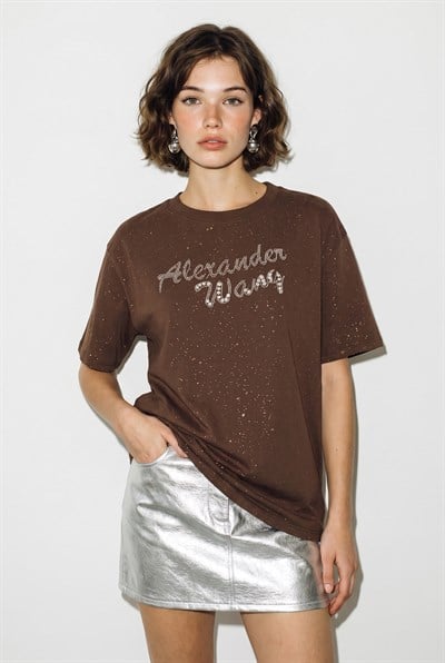 Kadın Simli Taş Yazı Baskılı Bisiklet Yaka Oversize Basic T-Shirt 2244 60286376 - Acı Kahve